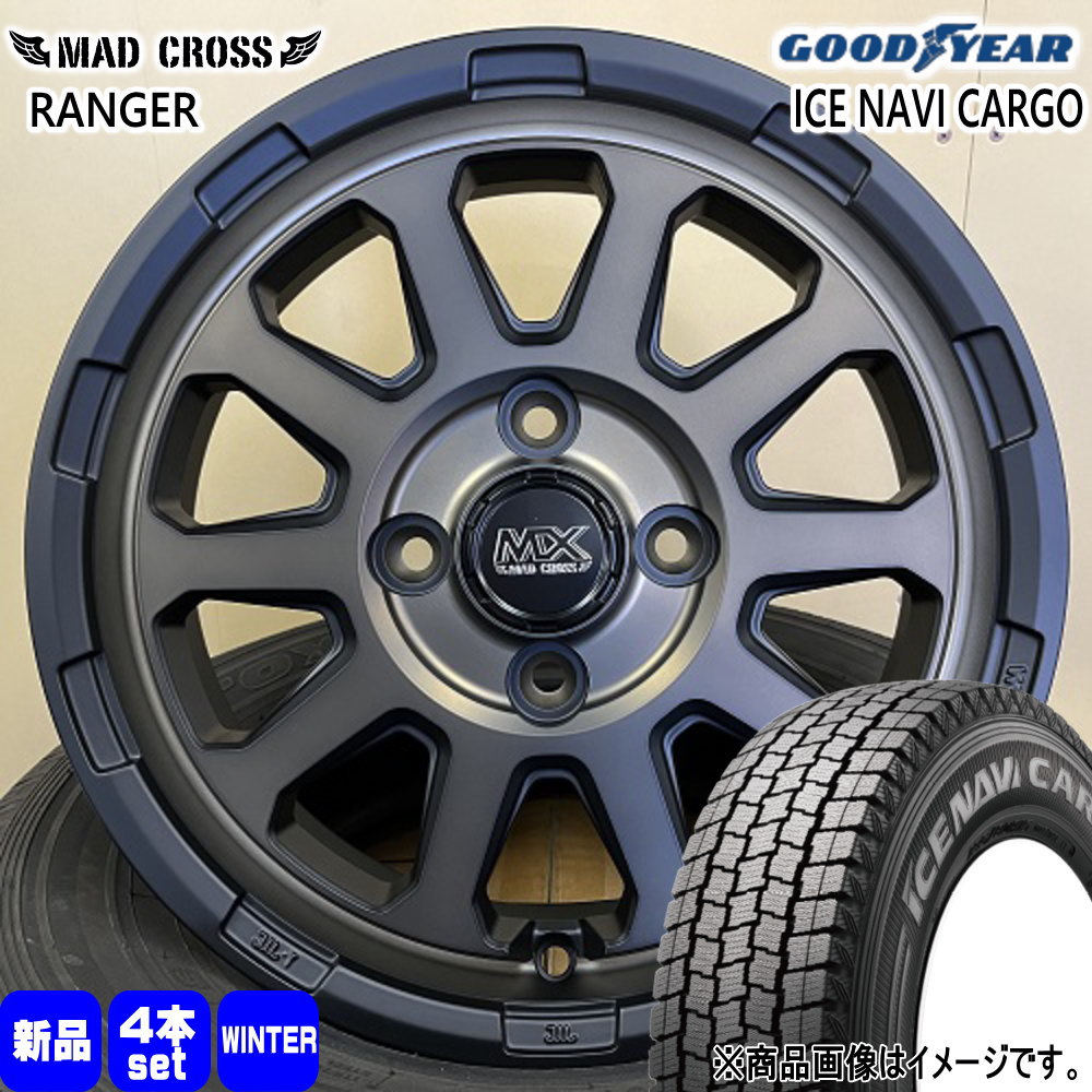145/80R12 80/78N LT アイスナビ カーゴ ICE NAVI CARGO グッドイヤー GOODYEAR 新品 冬用 スタッドレスタイヤ ホイール 4本セット HOT STUFF CORPORATION MAD CROSS RANGER 12×4.0+43 4/100|タイヤショップ78