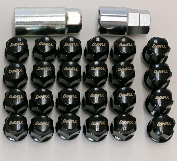 ドゥオール ランドクルーザープラド用　ナット ロックナット セット 1台分（ナット20個+ロックナット4個＋キーアダプター+21HEX→19HEX変換アダプター) ブラック M12 P1.5 19HEX 60度テーパー 袋ナット 全長31mm 有効ねじ23mm 国産 DOALLロゴ入り PRADO トヨタ 6穴車