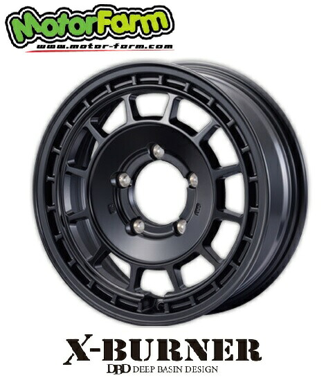 送料無料　ホイールのみ　4本セット　モーターファーム　X-BURNER クロスバーナー Motor Farm　マットブラック　16インチ　6J　インセット-5　5穴　PCD139.7　スズキ　ジムニーシエラ｜タイヤショップフラップ