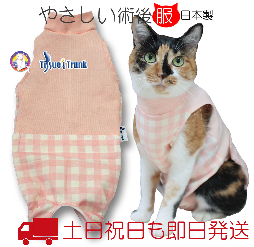 市場 土日祝日発送 猫用術後服 ピンクチェック 介護服 術後服 メール便送料込み 保護服