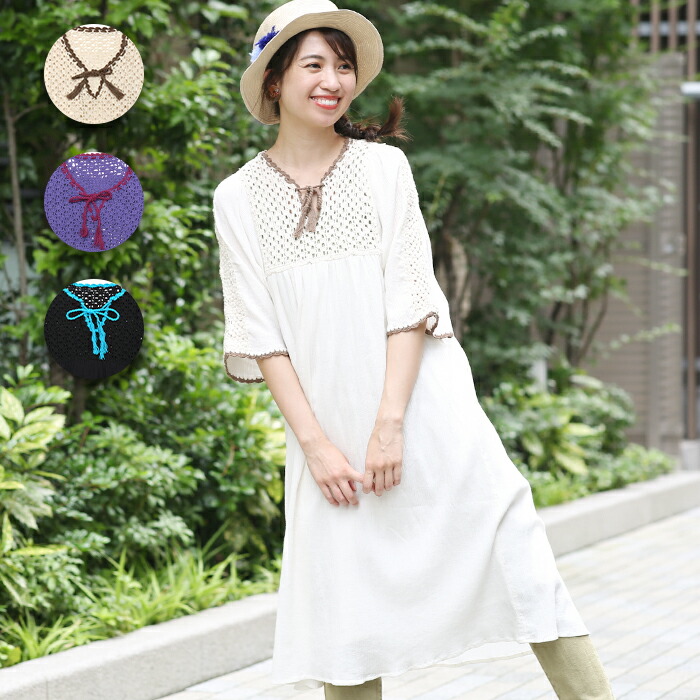 楽天市場 Web限定 Sale ワンピース レディース 春 夏 薄手 半袖 五分袖 夏服 膝下 スリット クルーネック 丸首 Uネック 刺繍 刺しゅう ゆったり エスニック アジアン チチカカ Titicaca ダマスク刺繍ドルマン ワンピース Jssbd307 エスニック チチカカ 楽天市場店