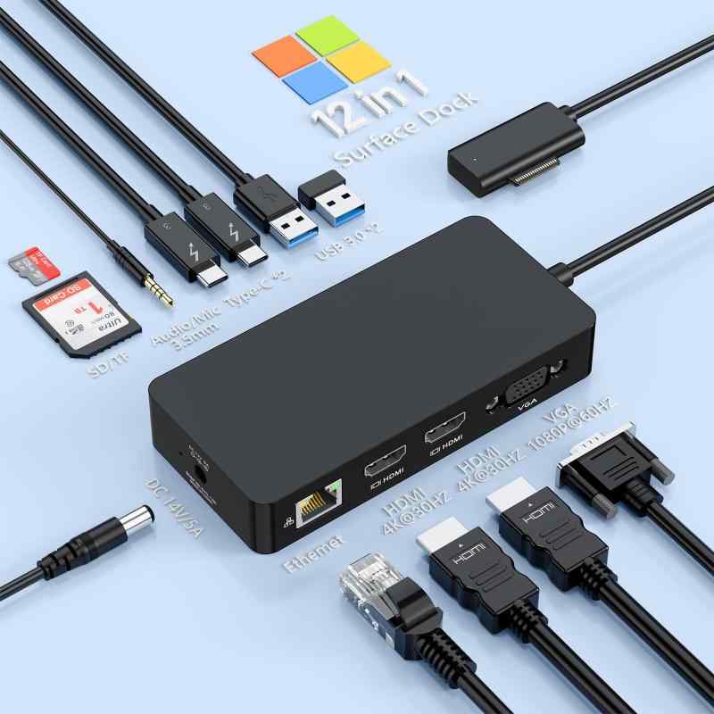 Sfaceドックドッキングステーション、12-in-1 Sface Dockトリプルディスプレイ対応 VGA +デュアル4K DMI Sfaceドック、3画面拡張 USB3.0、3.5mmオーディオ音声、SD＆TFカードリーダー、Sface Pro 11｜cocoluna31