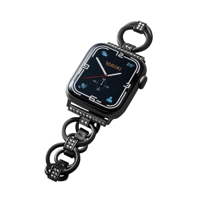 エレコム Apple Watch (アップルウォッチ) バンド 41mm 40mm 38mm [Apple Watch 8 7 SE2 SE 6 5 4 3 2 1 対応] ステンレス チェーンタイプ ラインストーン 長さ調整可 調整工具付き ブラック画像