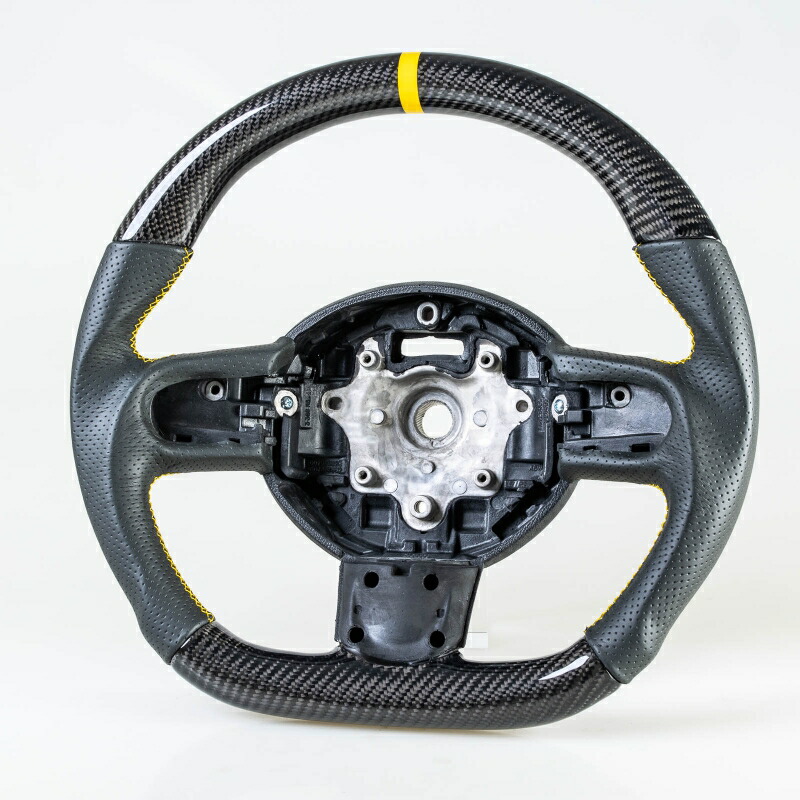 ミニ用 R55 R56 R57 R58 R59 R60 R61用 D型 ステアリング ホイール ハンドル カーボン&times;本革パンチングレザー&times;イエロー輪デザイン【___OCS】｜TitoSoy