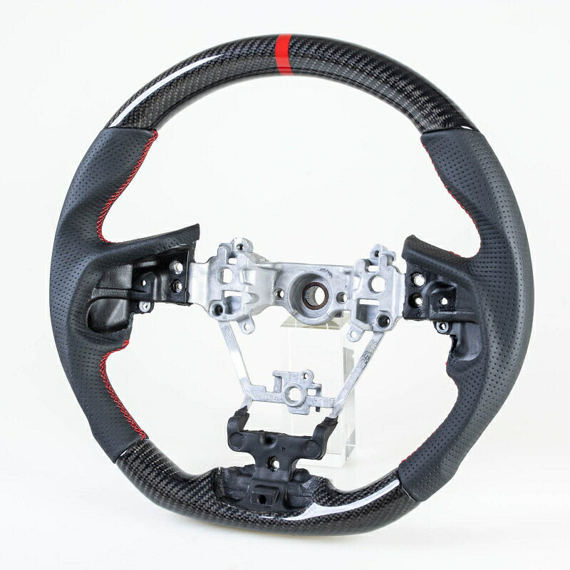 スバル用 インプレッサ フォレスター アセント レガシィアウトバック クロストレック XV D型 ステアリング ホイール ハンドル カーボン×本革パンチングレザー×赤い輪デザイン【___OCS】