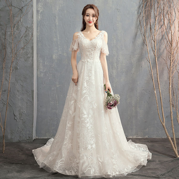 婚礼の儀お召しもの オフショルダー 肩出し 花柄 好いたらしい 婚礼の儀お召しもの ロングお召しもの Vのど首 ギアお召しもの 花嫁御寮お召しもの 婚礼の儀 外国で挙式 S 姫御前お召しもの A伝達ルート 白 ウェディングドレス-レディースファッション