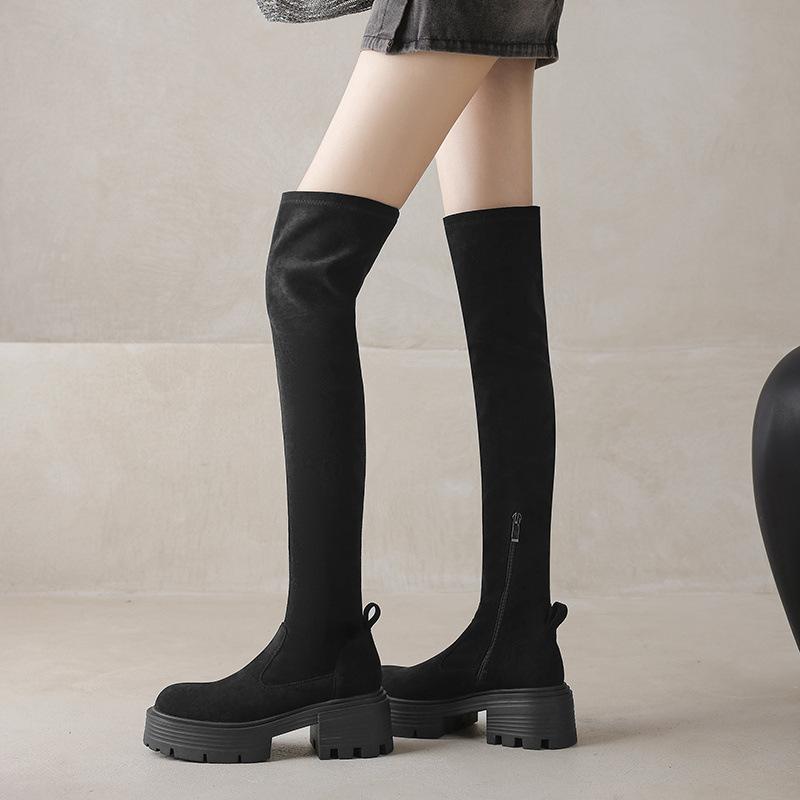 ブーツ レディース 女性用 33-43サイズ 大きいサイズ ストレッチ スキニー 美脚 ジョッキーブーツ ニーハイブーツ 厚底 チャンキーヒール 太ヒール PU スエード 黒 ブラック ラウンドトゥ 秋冬春 防寒 暖かい 普段使い お出かけ