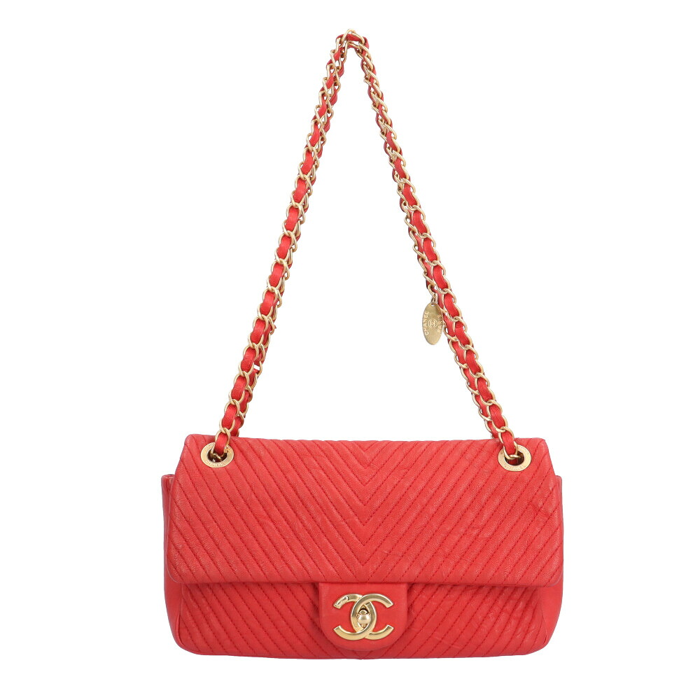 シャネル Vステッチ ショルダーバッグ シャネル レザー レッド レディース CHANEL 中古Wチェーン