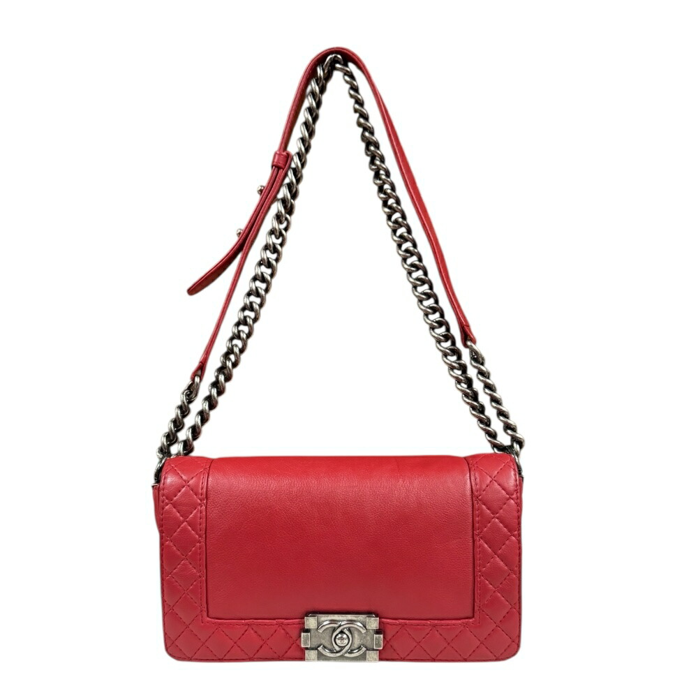 シャネル ボーイシャネル ショルダーバッグ シャネル レザー レッド レディース CHANEL 中古Wチェーン