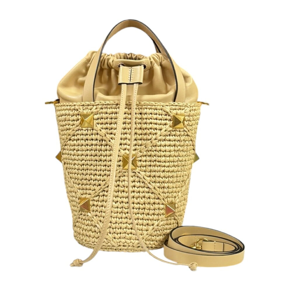 ヴァレンチノ ローマンスタッズバケットバッグ ショルダーバッグ ヴァレンチノ ラフィア ベージュ レディース Valentino 中古2way