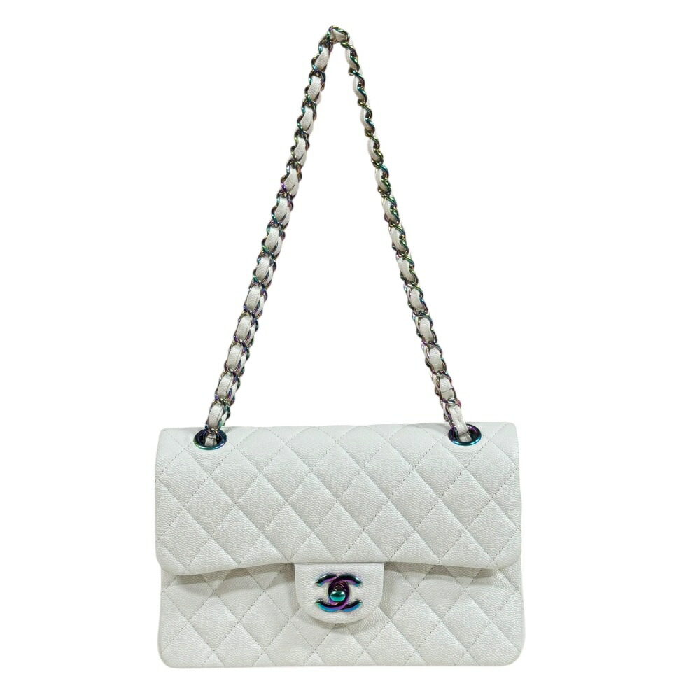 シャネル マトラッセ ショルダーバッグ シャネル キャビアスキン A01113 ホワイト レディース CHANEL 中古Wチェーン Wフラップ レインボー金具