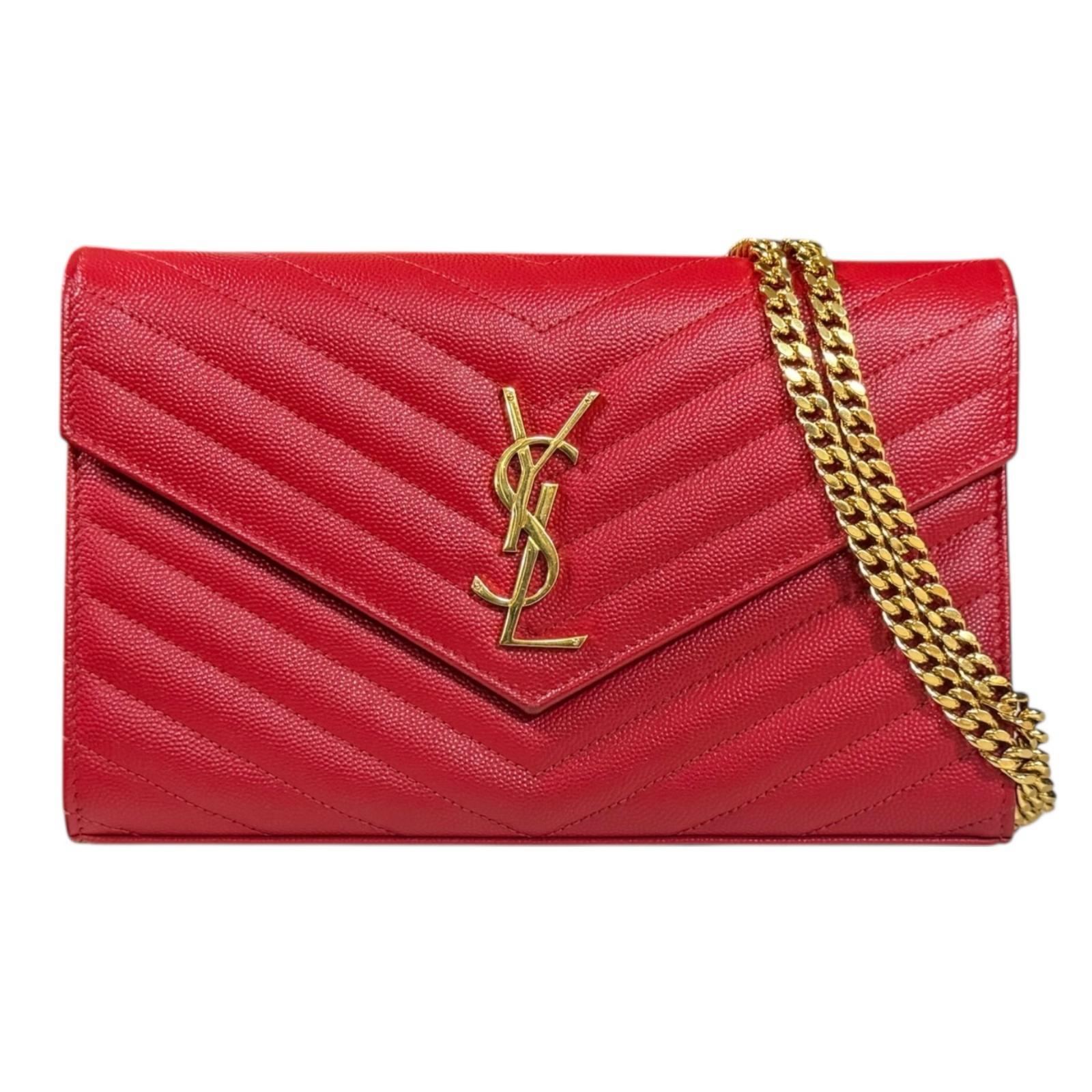 サンローラン カサンドラ クラシック ショルダーバッグ サンローラン レザー 377828 レッド レディース SAINT LAURENT 中古チェーンウォレット