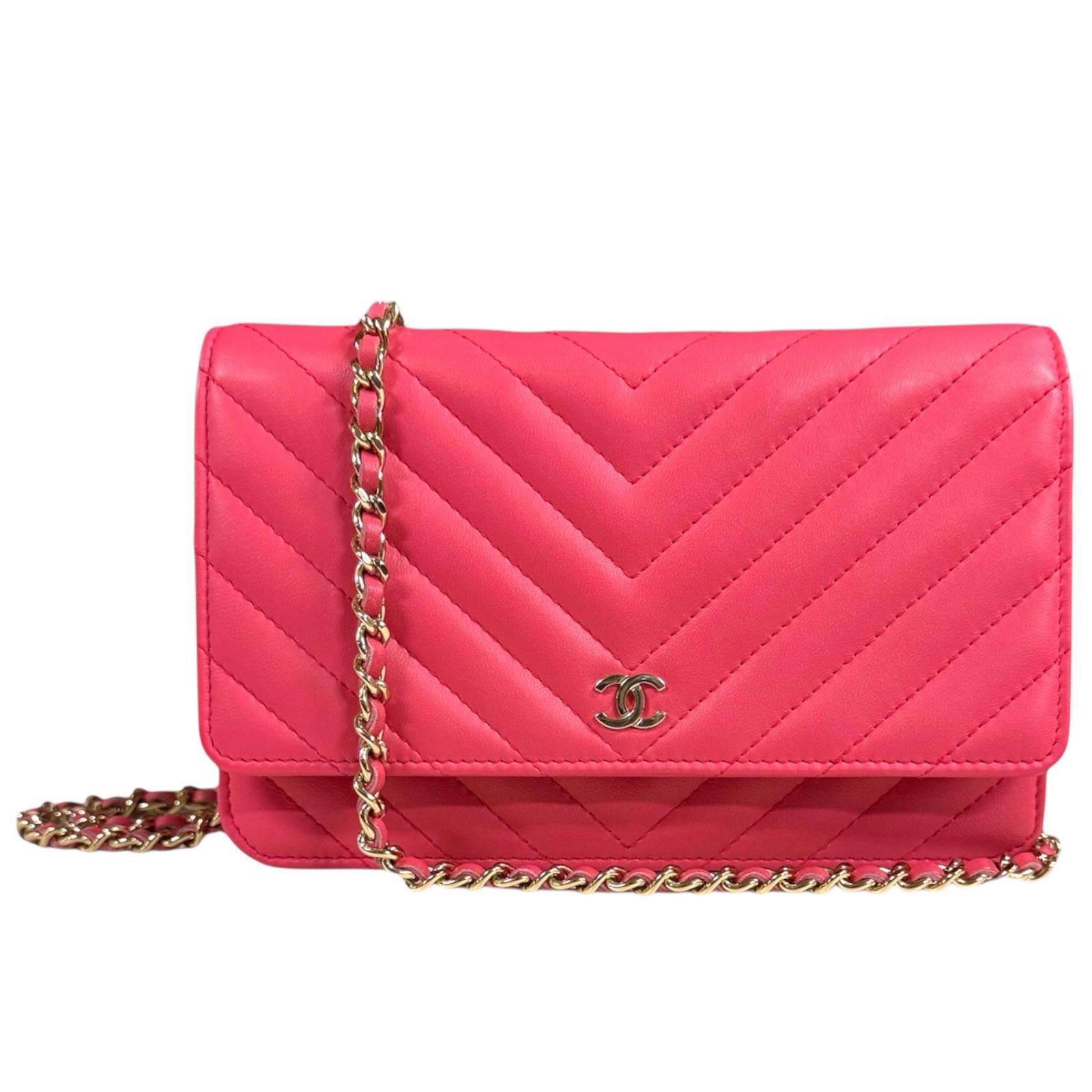 シャネル Ｖステッチ ショルダーバッグ シャネル レザー ピンク レディース CHANEL 中古チェーンウォレット