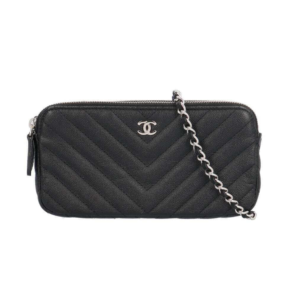 シャネル V編み目 ショルダーバッグ シャネル 御徒面子  なめし革 A82527 黒いこと レディース CHANEL 中古チェーンウォレット
