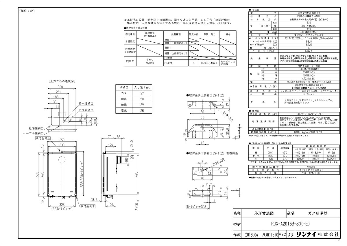 《TKF》 リンナイ 給湯専用ガス給湯器 20号 PS扉内後方排気型 従来型 ωα0