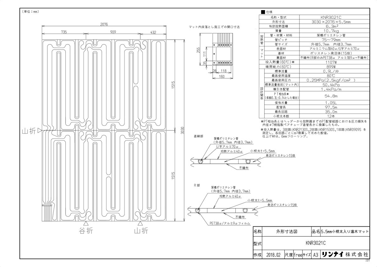 《TKF》 リンナイ 床暖房 小根太入り温水マット リフォーム向け 水温55度 3回路 ωα0