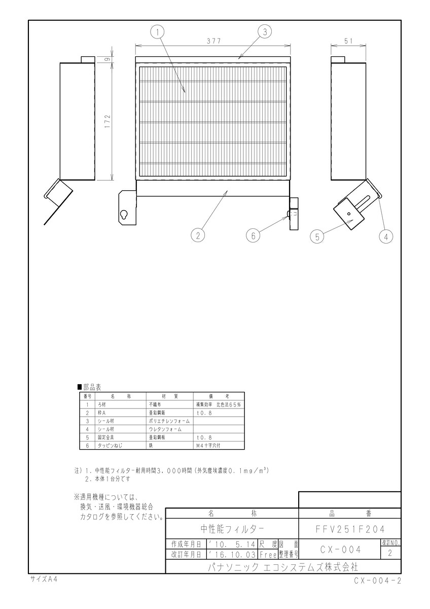 【FFV251F204】 《TKF》 パナソニック 中性能フィルター ωτ0