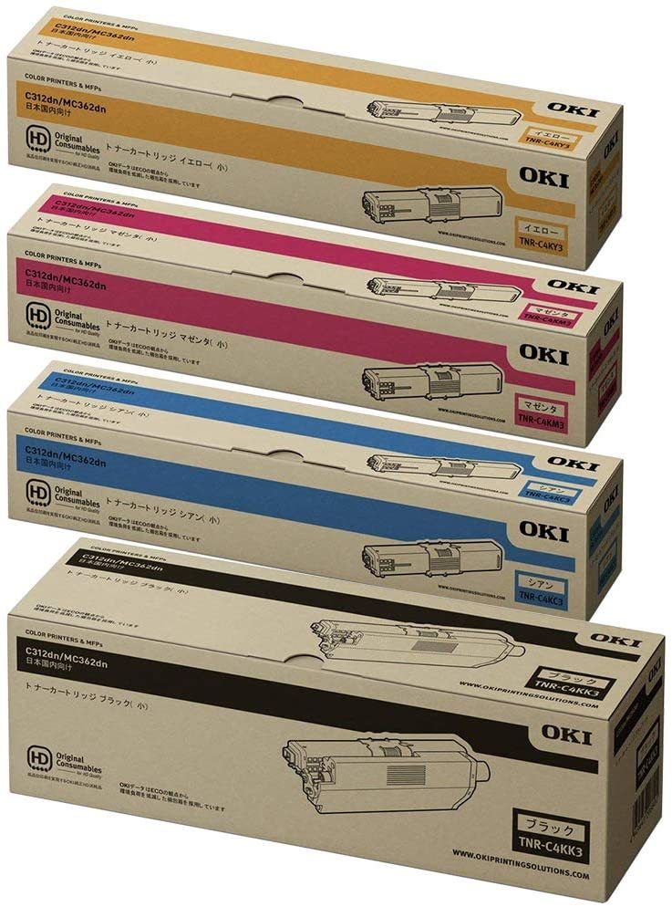 OKI 純然たる TNR-C4K3(TNR-C4KK3,C3,M3,Y3) トナーカートリッジ (小) 4色書き割り (黒いこと/シアン/マゼンタ/黄色) / COREFIDO series C312dn ・ MC362dn ・ MC362dnw 相応う【貨物輸送無料】