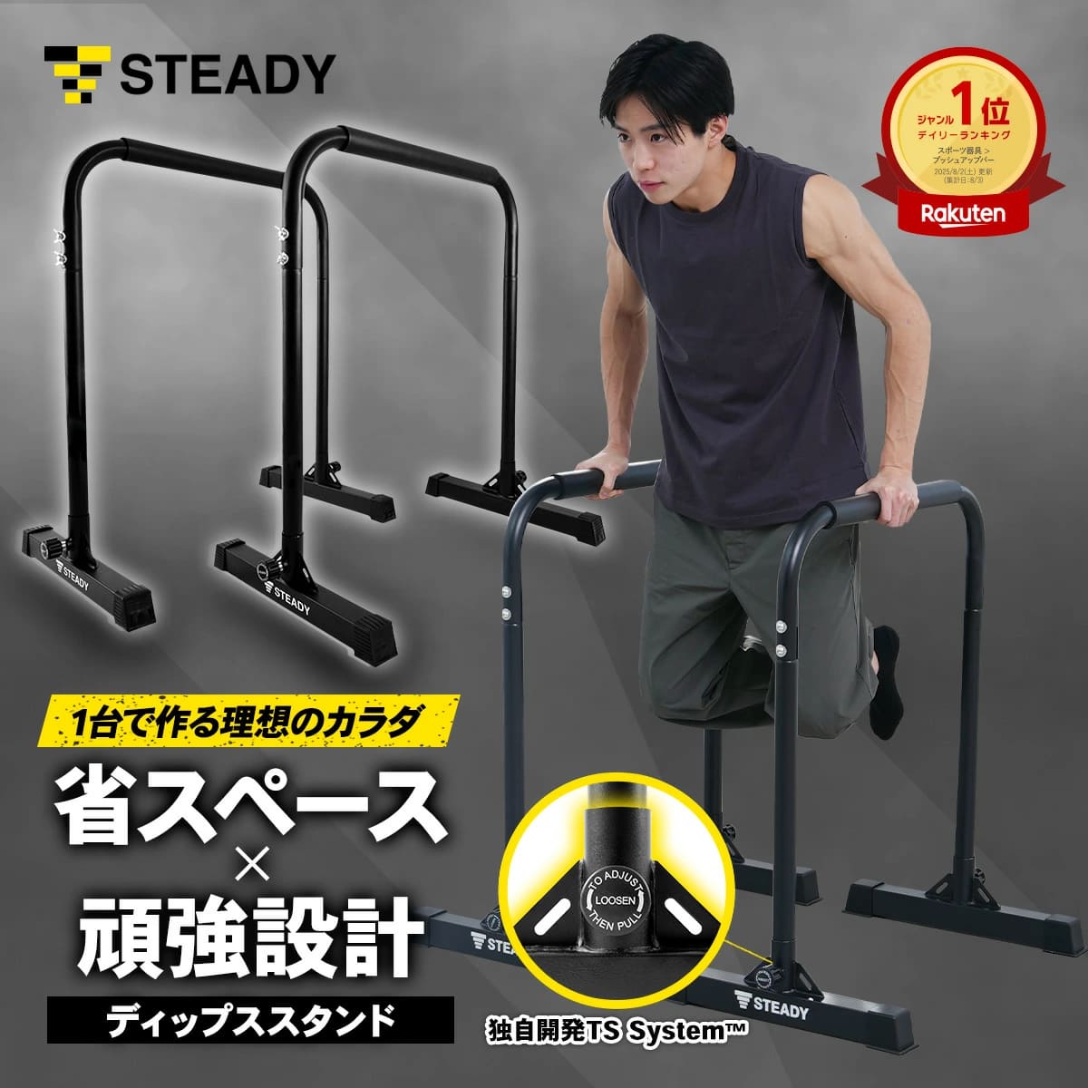 ＼ P10倍※エントリー必須 ~4/17まで ／ディップススタンド【ランキング1位獲得】折りたたみ 耐荷重150kg 筋トレ 懸垂 チンニング トレーニング ディップスバーステディ 【保証365日】新開発TS System支柱 STEADY ステディ ST126