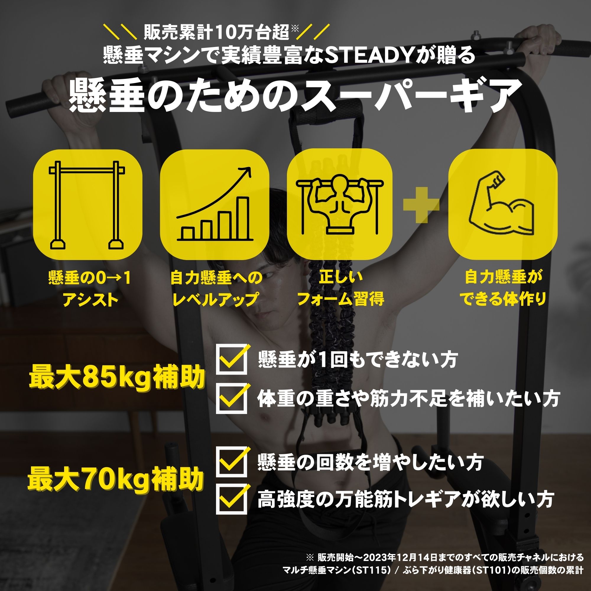 STEADY 懸垂アシストチューブ ST122 懸垂の0→1アシスト、自力懸垂のレベルアップなどの特長をアイコンなどで訴求する画像