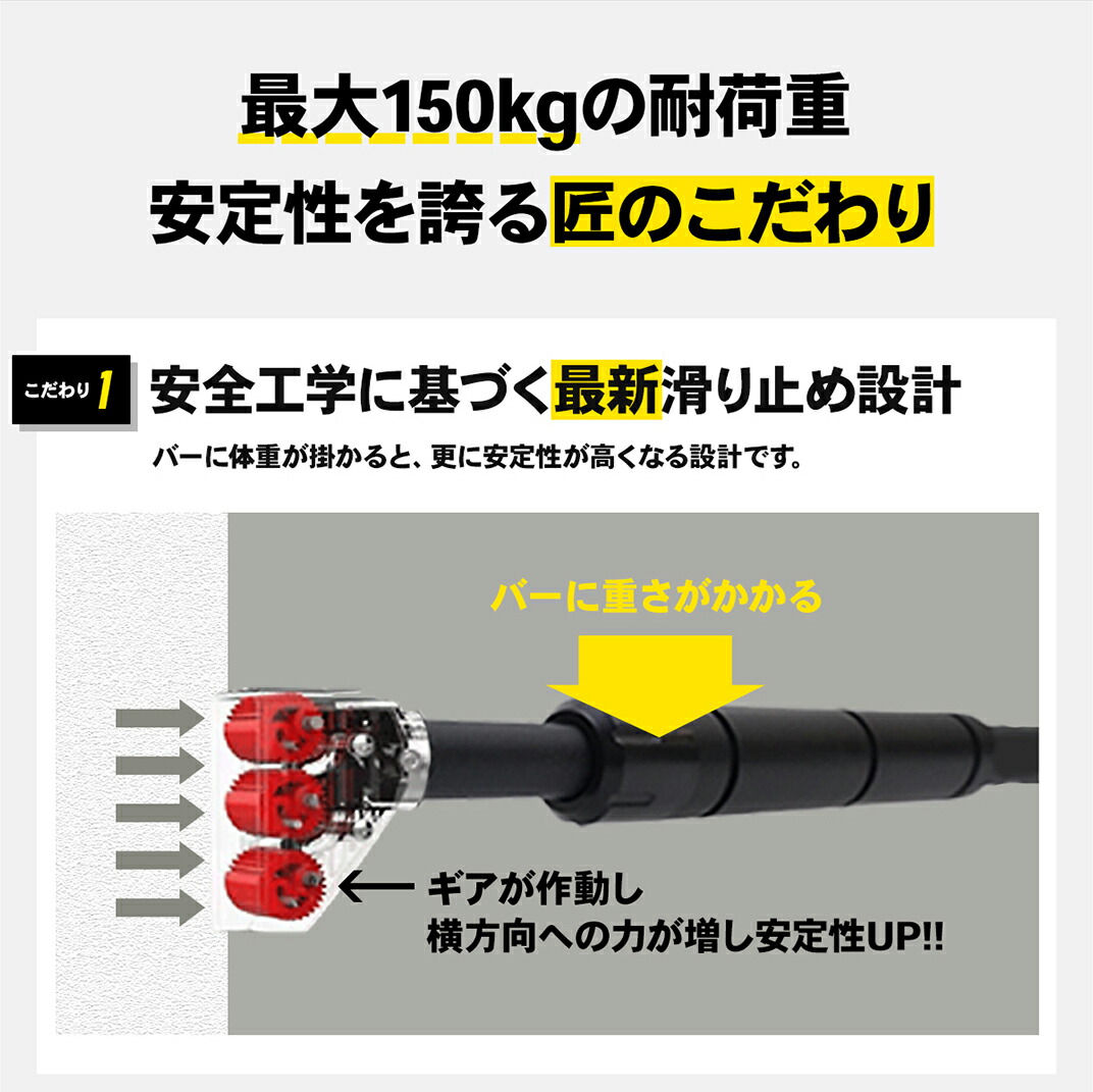 STEADY 懸垂バー ST124 安全工学に基づく最新滑り止め設計。バーに重さがかかるとギアが作動し横方向への力が増す仕組みの説明画像