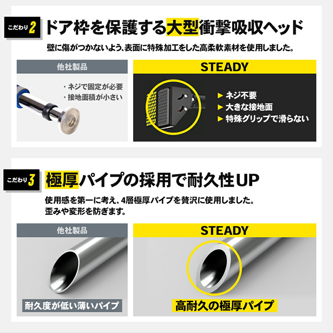STEADY 懸垂バー ST124 ドア枠を保護する大型衝撃吸収ヘッド、高耐久の4層極厚パイプ