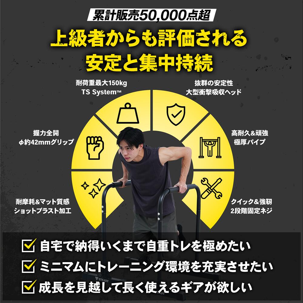 STEADY ディップススタンド ST126で男性がトレーニング。耐荷重最大150kgや大激衝撃吸収ヘッドなど6つの特長について訴求する画像