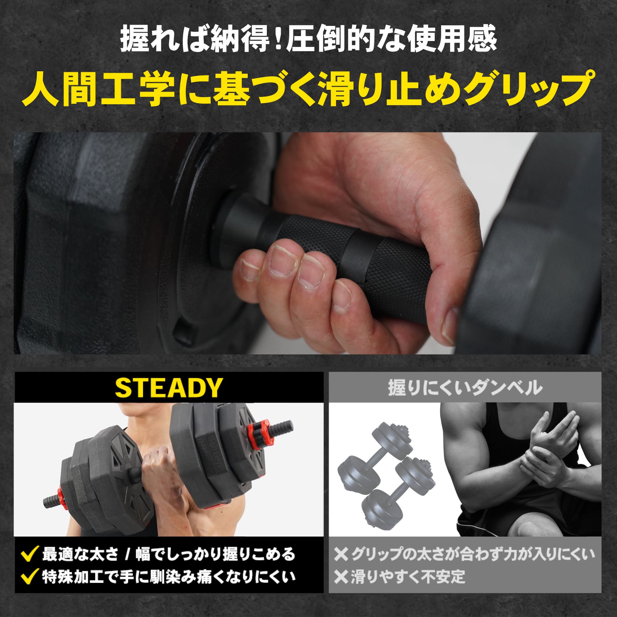 STEADY ダンベル 5kg 10kg 20kg 2個セット ST130のグリップにフォーカス。握りやすさを訴求する画像。