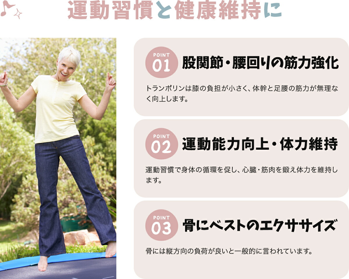 運動習慣と健康維持に関する3つのポイント説明画像（股関節・腰回りの筋力強化、運動能力向上・体力維持、骨にベストのエクササイズ）