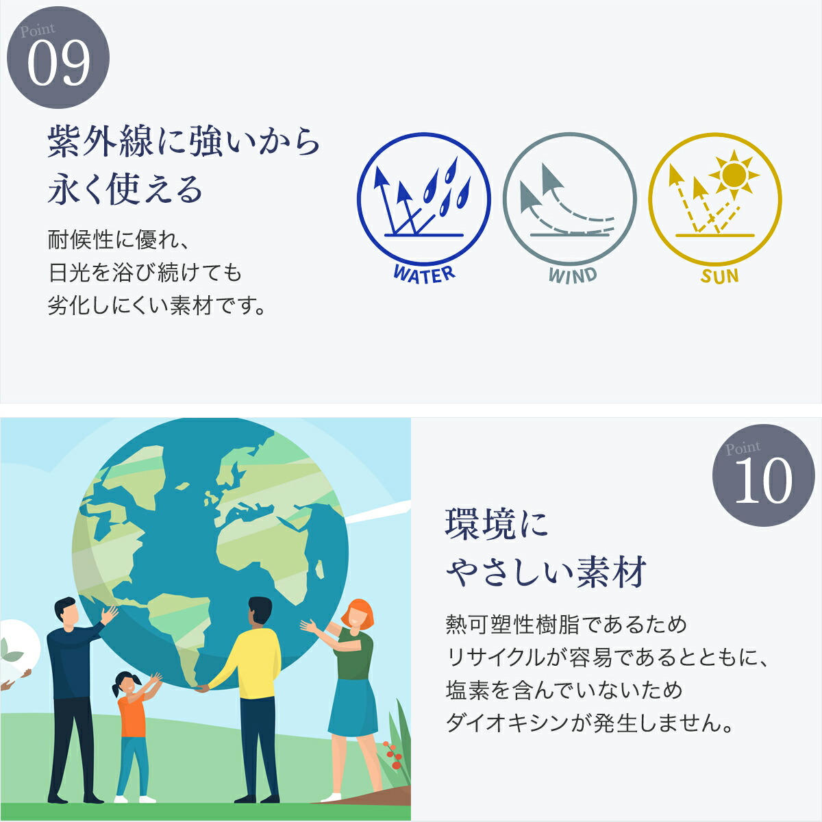 STEADY ジョイントマット ST136 特長説明（紫外線に強い素材、環境にやさしい素材）