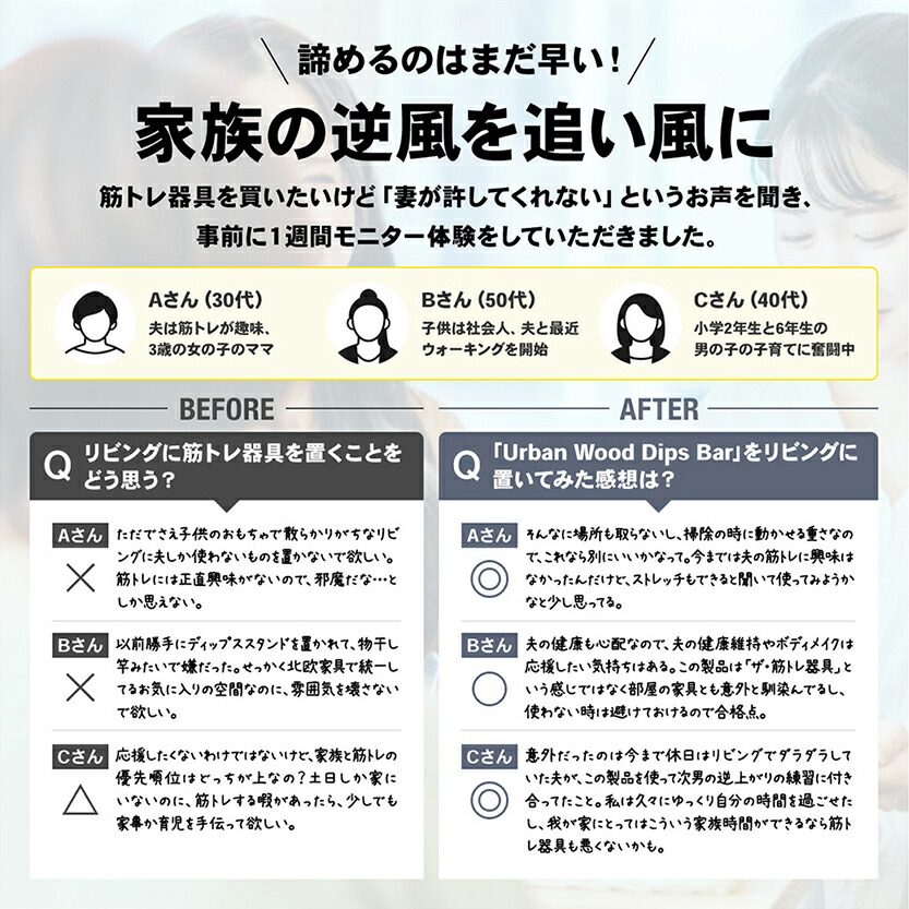 STEADY Urban Wood Dips Bar ST151 夫がリビングに筋トレ器具を置くことに妻が反対意見を持つ家庭において、1週間のモニター体験。モニター後の前向きな感想。
