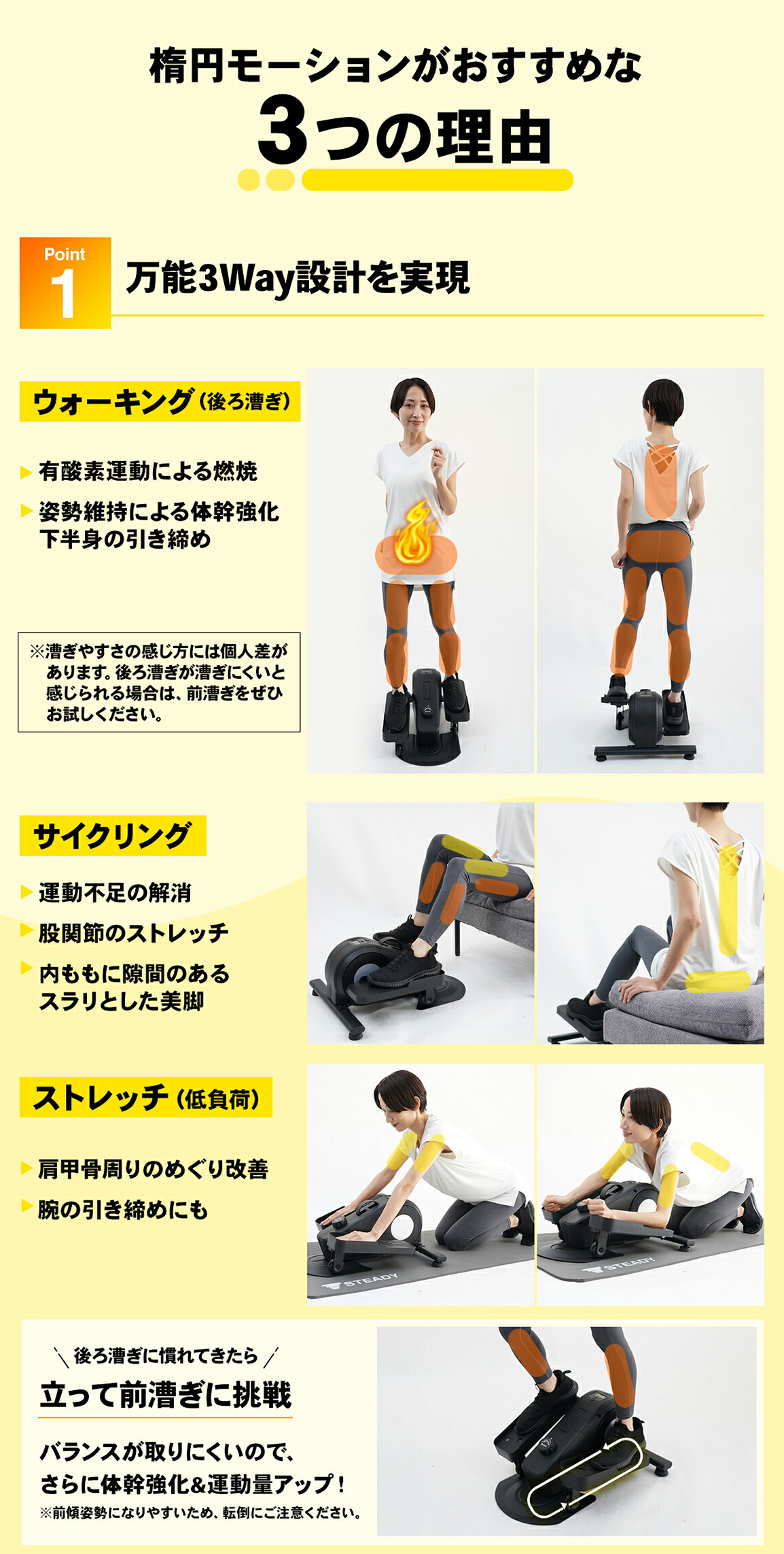 STEADY ステッパー ST153の楕円モーションでおすすめする3つの理由。1つ目の理由は、万能3Way設計を実現。