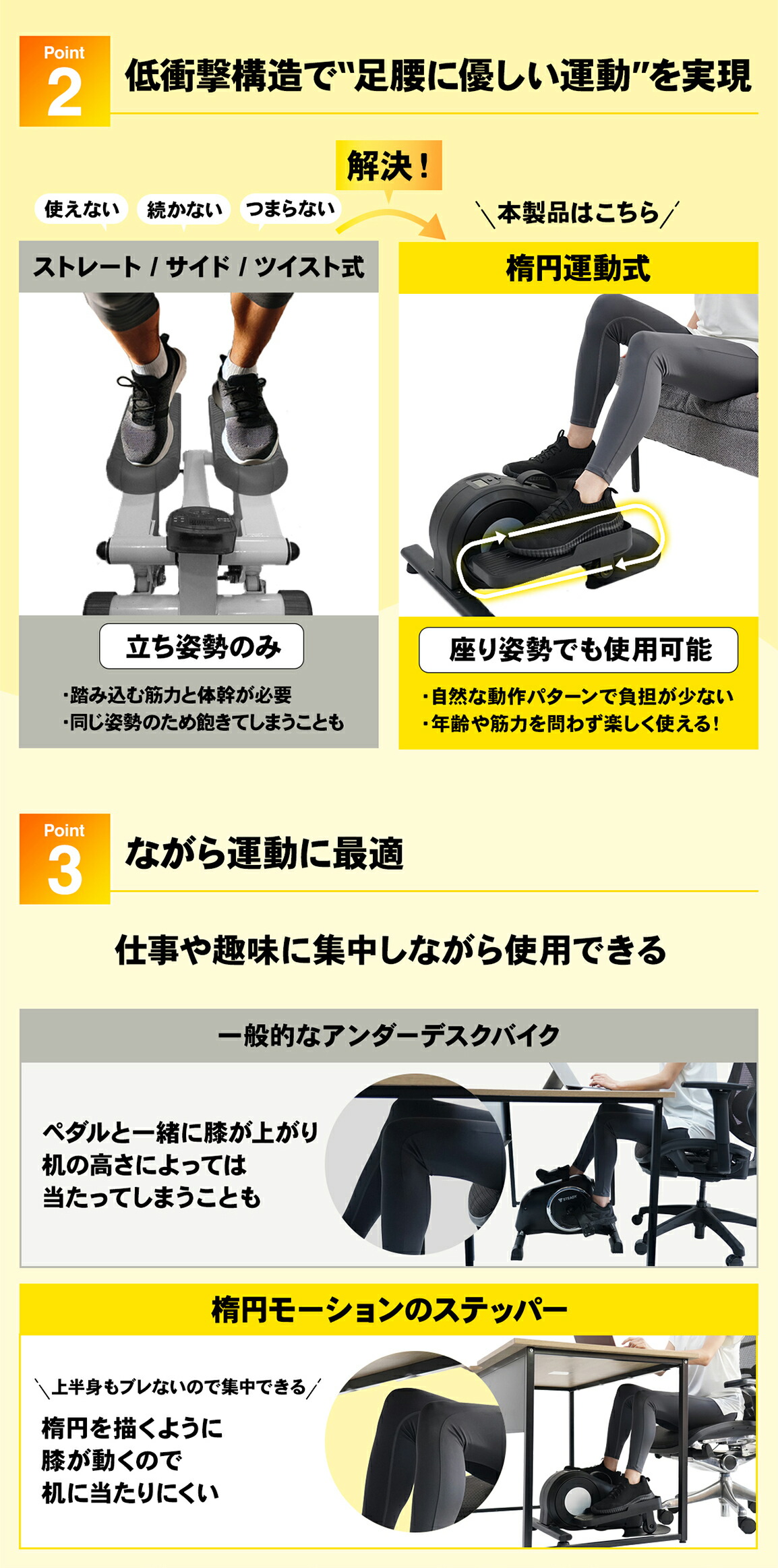 2つ目の理由は、低衝撃構造で足腰に優しい運動を実現。3つ目の理由は、ながら運動に最適。