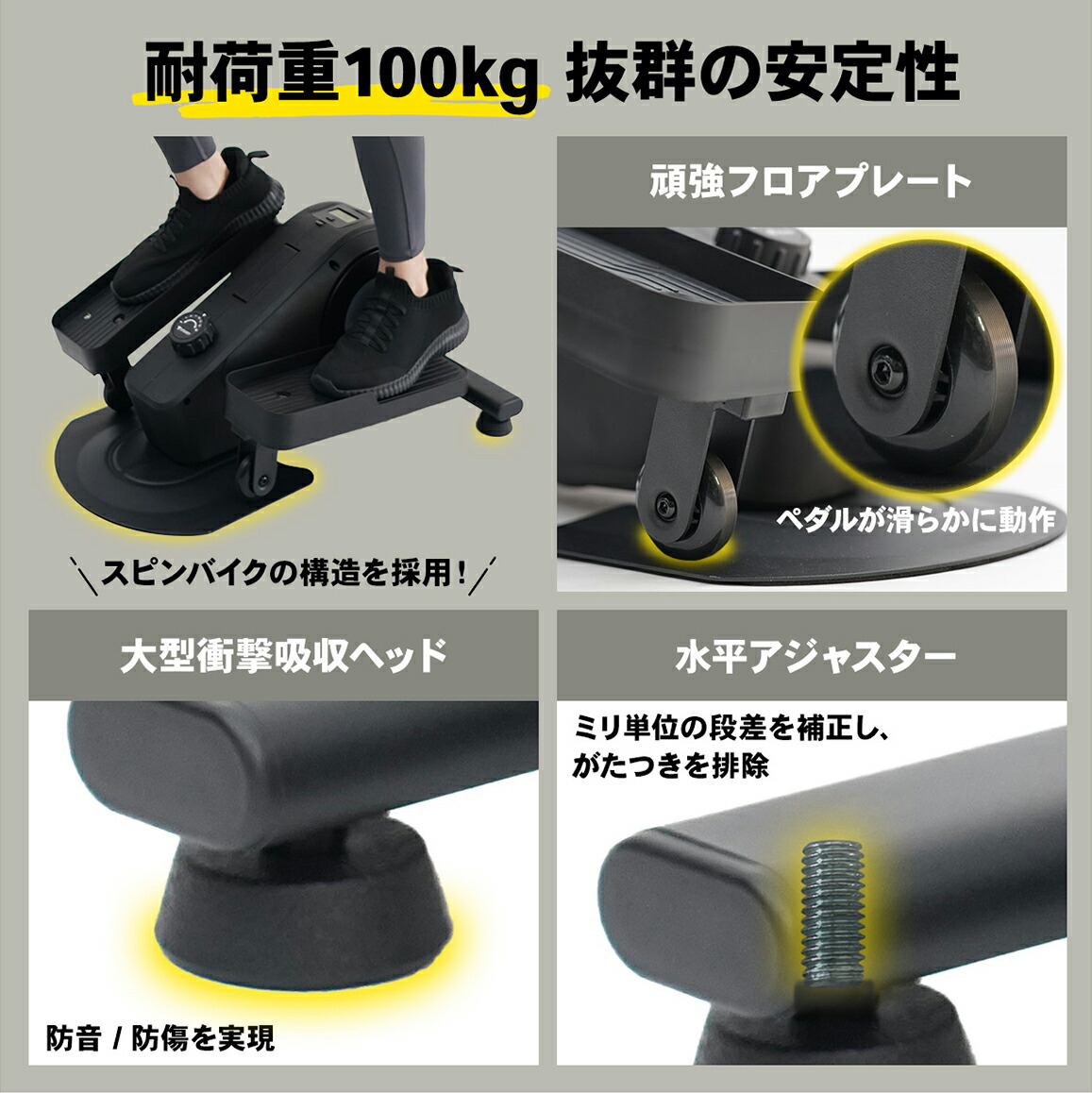 STEADY ステッパー ST153の土台やアジャスターなどを用いて、耐荷重100kgの安定性を訴求する画像