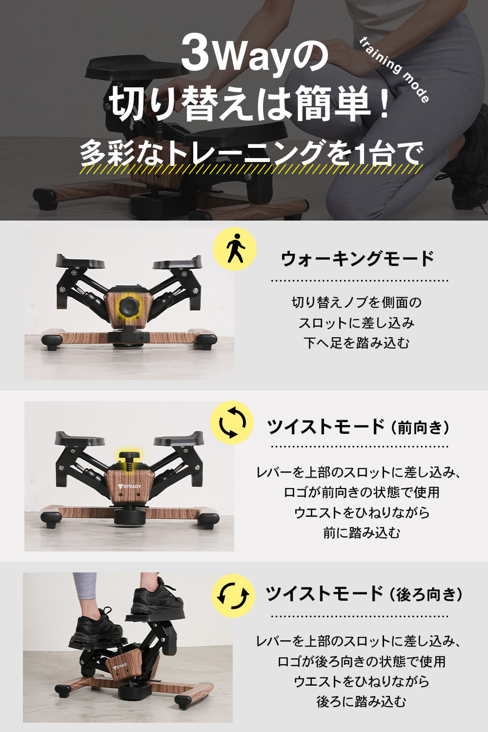STEADY ツイストステッパー ST158は切り替えノブの差し込みによって3通りの切り替えが可能