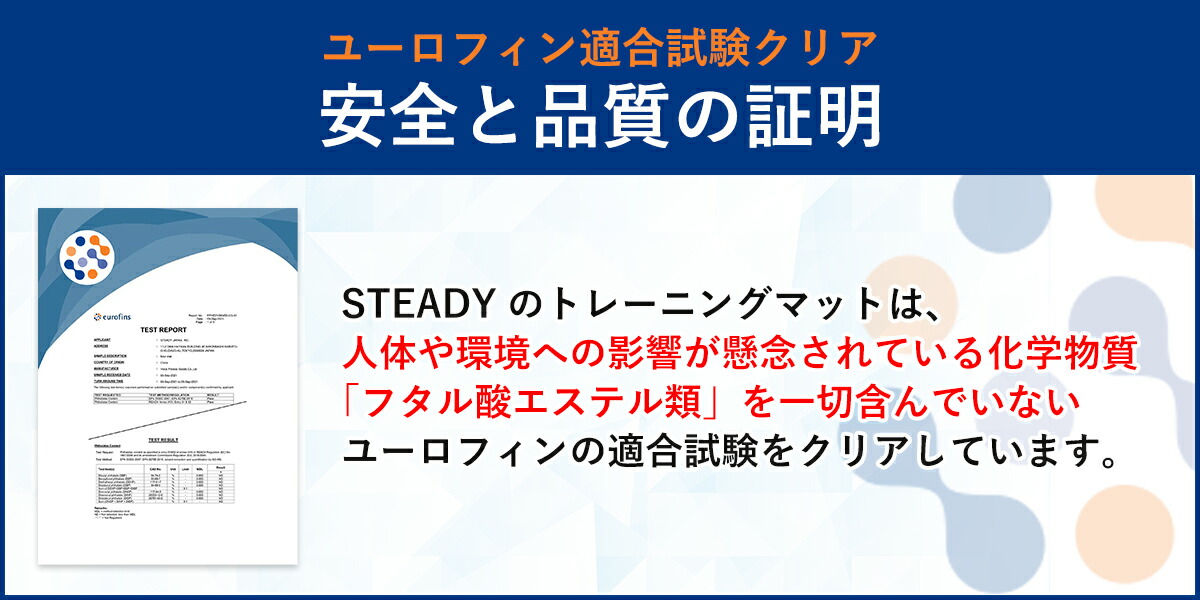 STEADY トレーニングマット ST137はユーロフィン適合試験をクリア。安全と品質の証明。