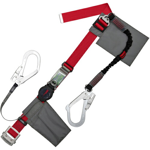 TSUYORON ( 藤井電工 ) 胴ベルト型墜落制止用器具(巻取タイプ)補助ロープ2丁掛け仕様 ロック機構付きワンハンドリトラ+伸縮式補助ロープ 赤 Mサイズ 幅50MM×長さ1200MM ( TB-ORL-2-593-NV-R-BK-M-JAN-BP )