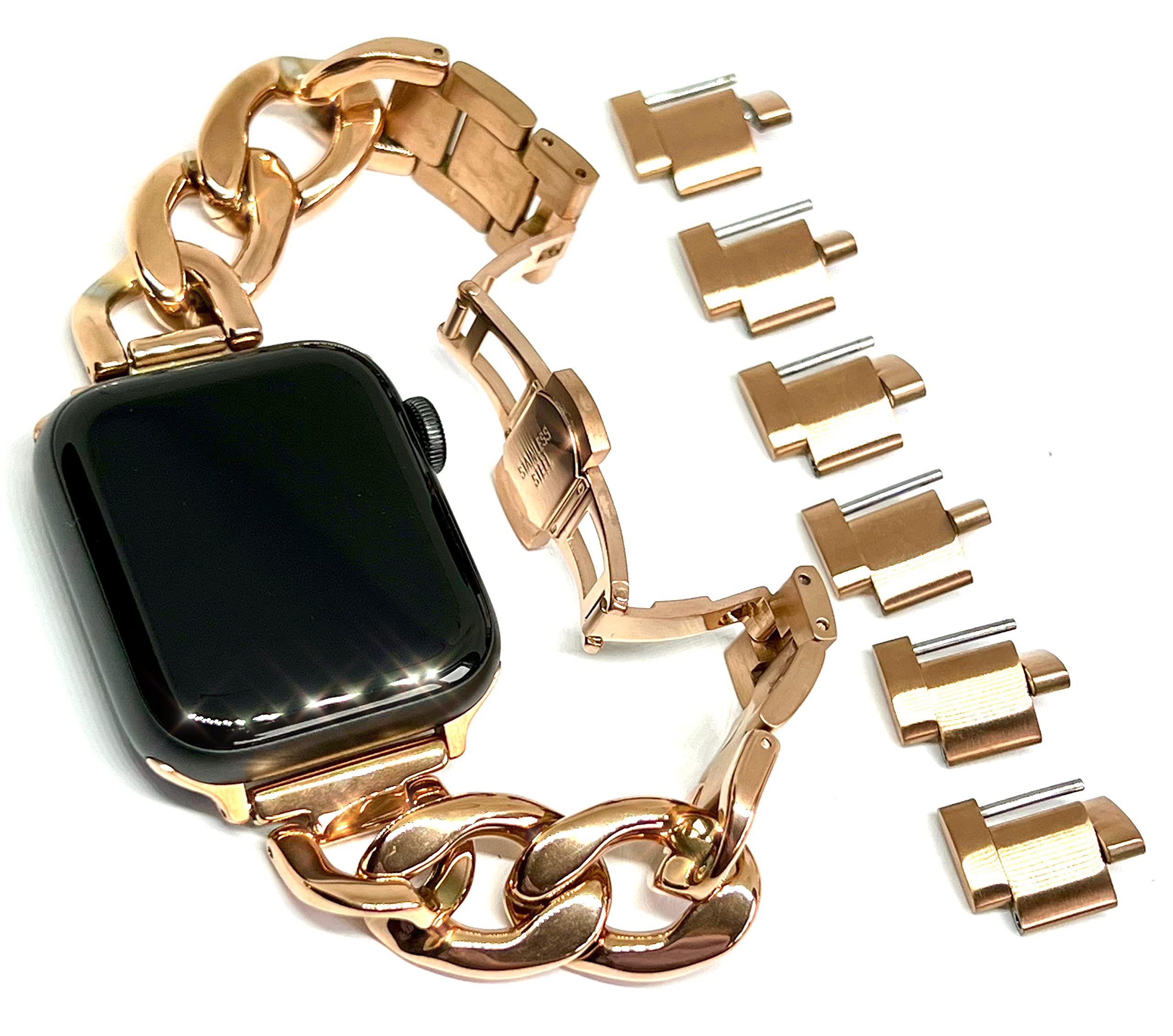 Royce&Roland Apple watch チェーンバンド バタフライバックル おしゃれ アップルウォッチ 時計 バンド (ステンレス/シルバー) レディース メンズ ギフト プレゼント (44mm 45mm 46mm 49mm, ピンクゴール|T.M.Bストア