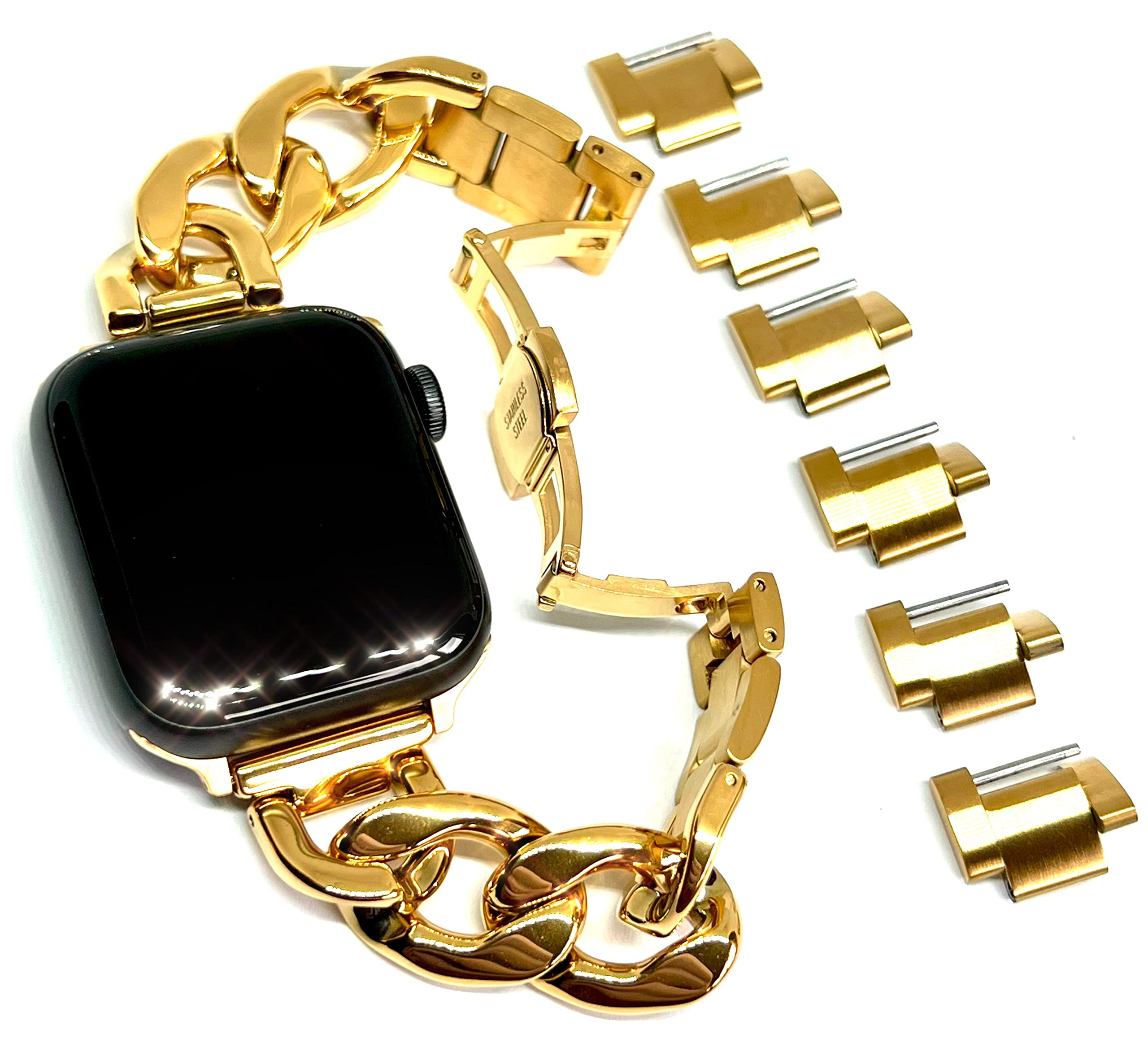Royce&Roland Apple watch チェーンバンド バタフライバックル おしゃれ アップルウォッチ 時計 バンド (ステンレス/シルバー) レディース メンズ ギフト プレゼント (40mm 41mm 42mm, ゴールド)|T.M.Bストア