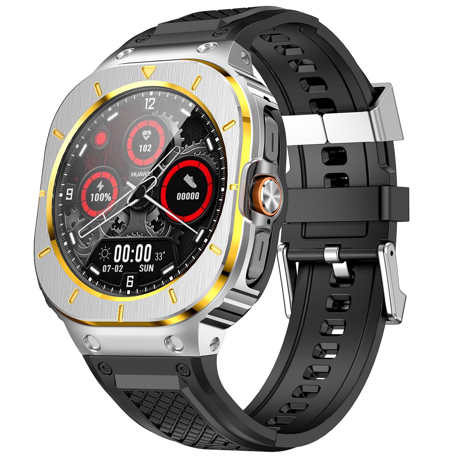 MioHHR ステンレススチールケースカバー付きシリコンストラップ互換性 Samsung Galaxy Watch Ultra 47mm バンド保護ケース男性用（銀と金）