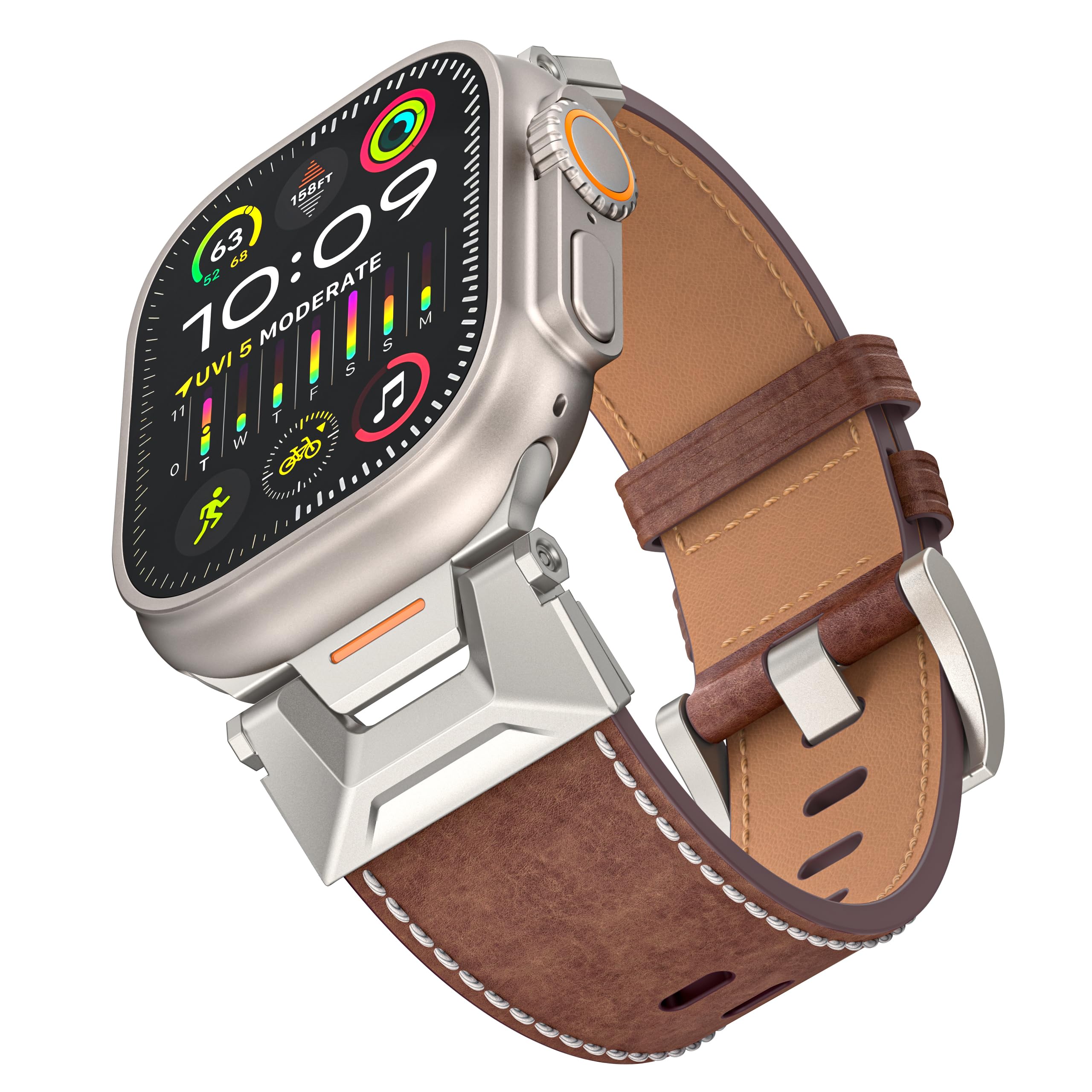 [SCINYMC] アップルウォッチ バンドコンパチブル Apple Watch Ultra バンド 49mm 46mm 45mm 44mm 男性用、本革バンド Apple Watch 10 バンド、ビジネス用Apple Watch Band、ステンレススチールメタルコネクタスト
