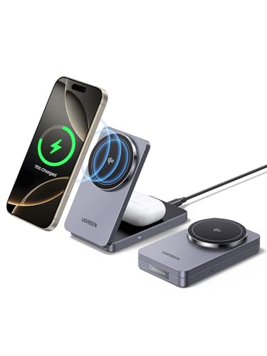 UGREEN MagFlow ワイヤレス充電器 Qi2対応 (2-in-1) Wireless Charger MagSafe QI2充電スタンド 2台同時充電 マグネット式 マグセーフ 折り畳み式 角度調整可能 合金質感 コンパクトサイズiPhone16/15/14/13/12/iWat