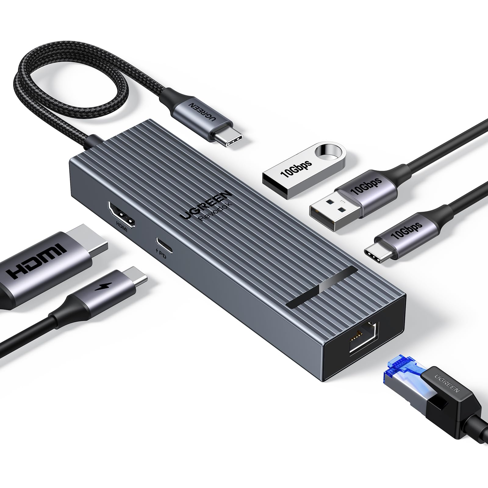 UGREEN Revodok USB-C ハブ 6 in 1 4K@60Hz HDMI ハブ lan USB C 3.2 & USB-A 3.2 100W PD電源供給 Type-Cアダプター ギガビットイーサネット Windows,macOSシステム、iPhone16/S24/iPadPro/Air/Surface Proなどホストデバイス、モ