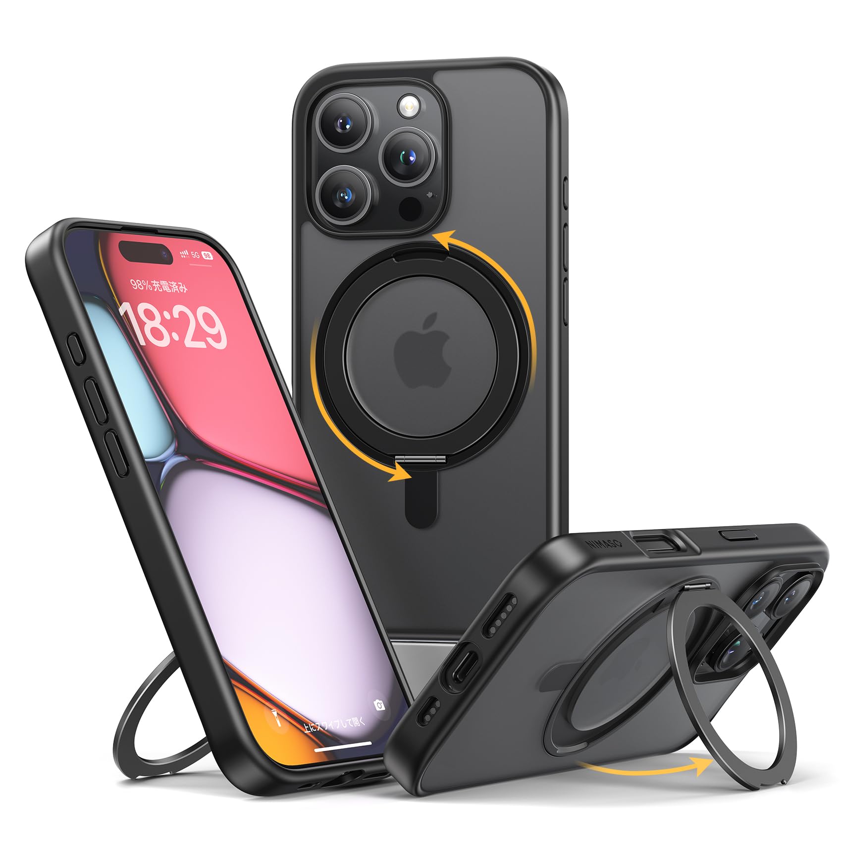NIMASO iPhone16Pro用 ケース 縦横両対応 360°回転スタンドケース MagSafe対応 携帯スマホケース リングマグネット搭載 カバー いPhone16Pro対応 ワイヤレス充電対応 マット感 防指紋 米軍MIL規格 耐衝