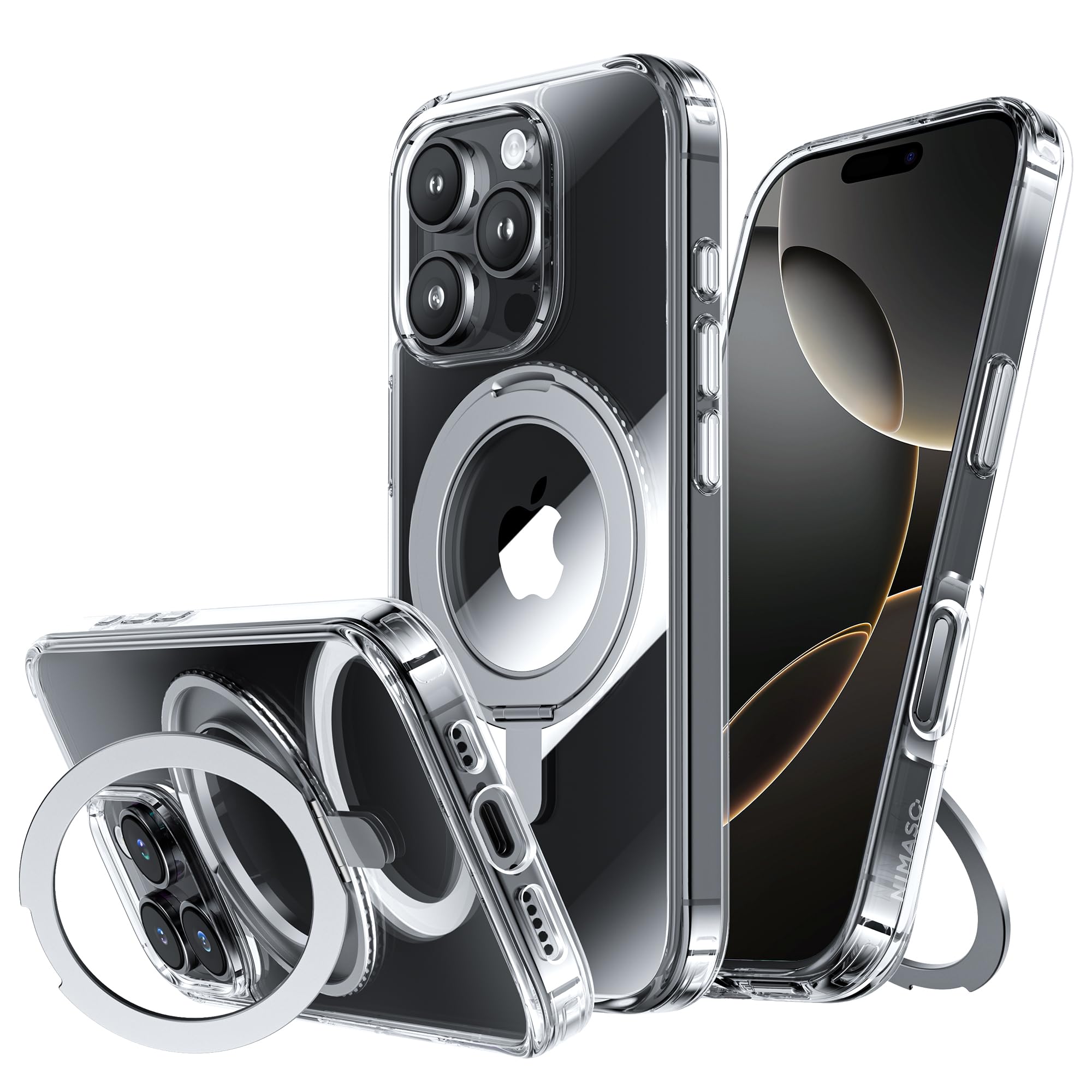 NIMASO iPhone16Pro用 ケース 縦横両対応 360°回転スタンド いphone16Pro用 ケース MagSafe対応 携帯スマホケース リングマグネット搭載 カバー ワイヤレス充電対応 米軍MIL規格 耐衝撃性 指紋防止 黄?