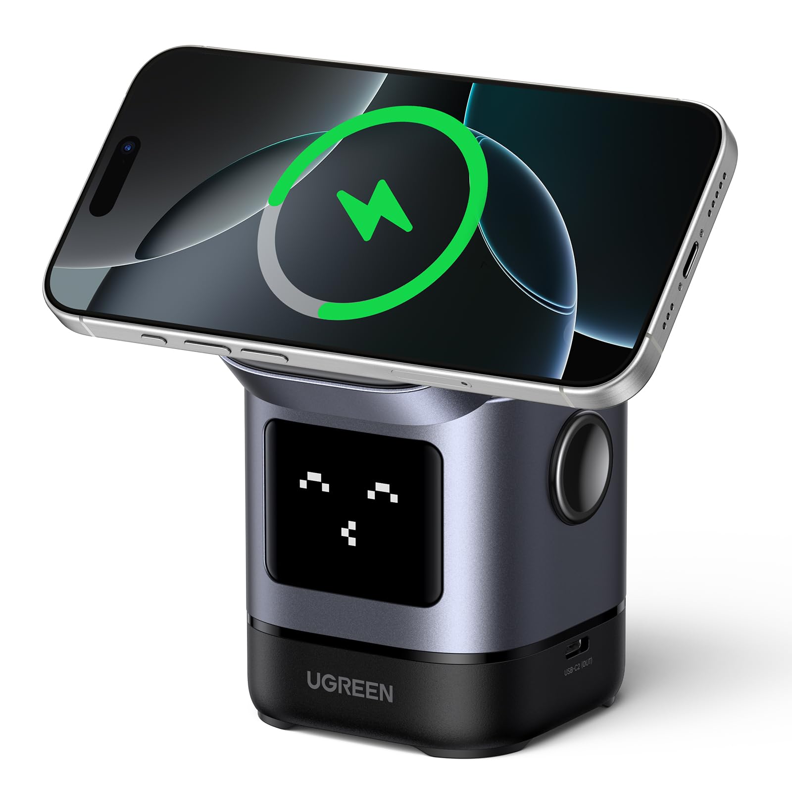 UGREEN Uno 15W 無線電話申し受ける器 2-インチ-1 Qi2相応う MagSafe相応う 2台等しく手っとり早い申し受ける 角度合わせる能力のある ワイヤレスチャージャー【 2-インチ-1＋2*USB C界面】 iPhone 16/15/14/13/12/iWatch/ワイヤレスイヤホンに相応う