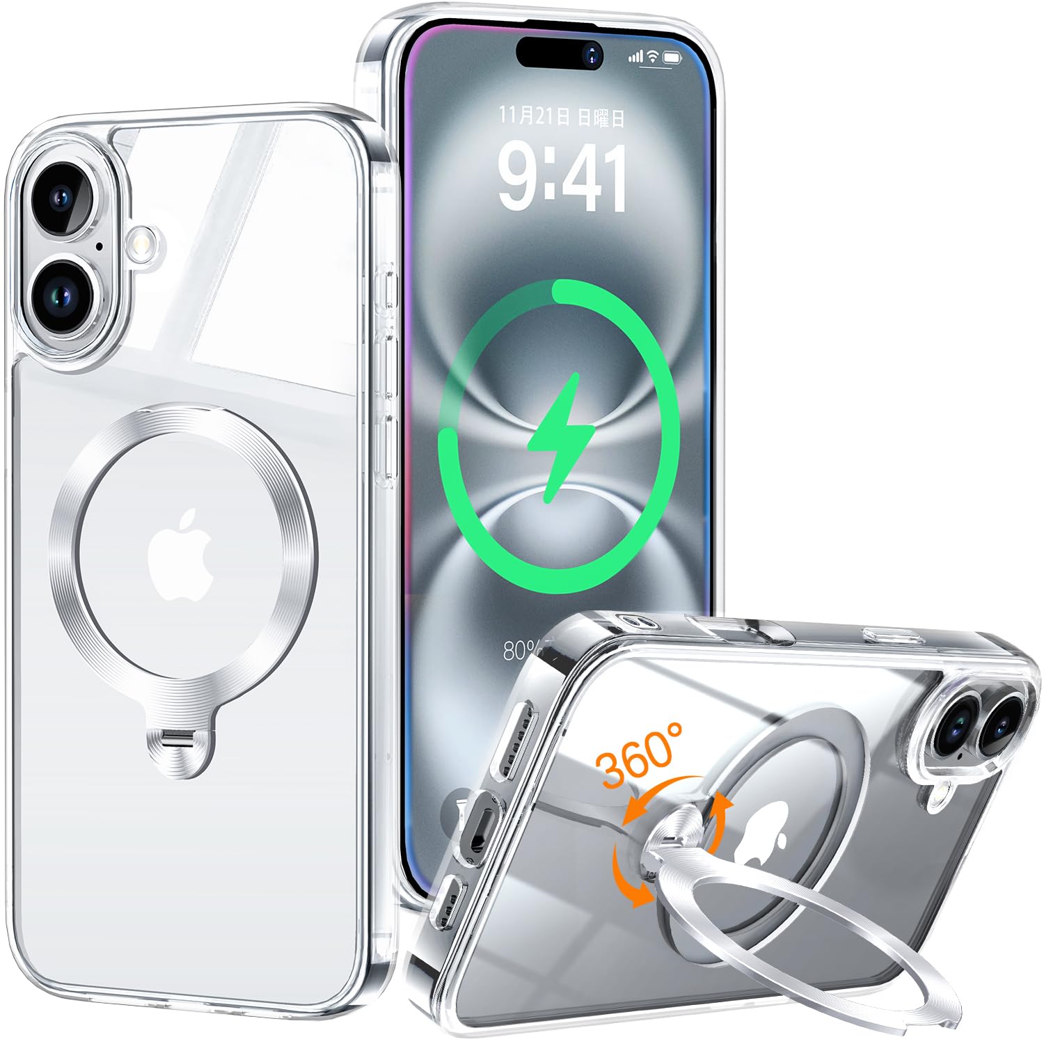 【本体を再現・360&deg;回転スタンド】ZapNet iPhone 16 Plus 用 クリア ケース Magsafe 対応 [定点スタンド・超絶安定性][本体を再現・極透明]ストラップホール付き マグセーフ ワイヤレス充電対応 黄｜T.M.Bストア