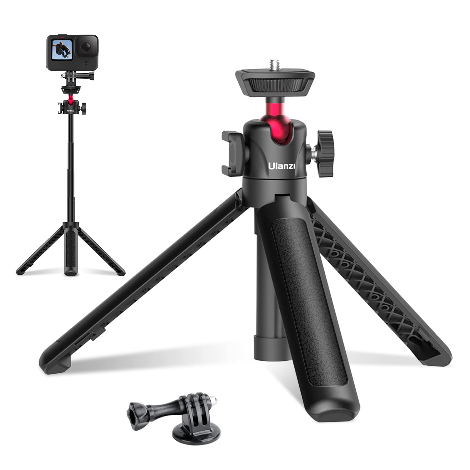 ULANZI MT-16 スマホ三脚 自撮り棒 伸縮式卓上三脚 ミニ三脚 持ちはこぶ三脚 写真機三脚 4段伸縮 三脚架 軽さ 卓上三脚 持ちはこぶに助けになる Gopro用アダプタ 360°雲台 コールドシュー付き添い人 iphone/Android/Gopro/Osmo