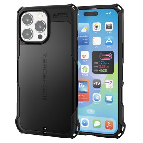エレコム iPhone 16 Pro Max ケース クリア 耐衝撃 衝撃吸収 ZEROSHOCK [フィルム付き] ワイヤレス充電対応 ハニカム構造 4つ角ダンパー ストラップホール付き ブラック PM-A24DZEROBK