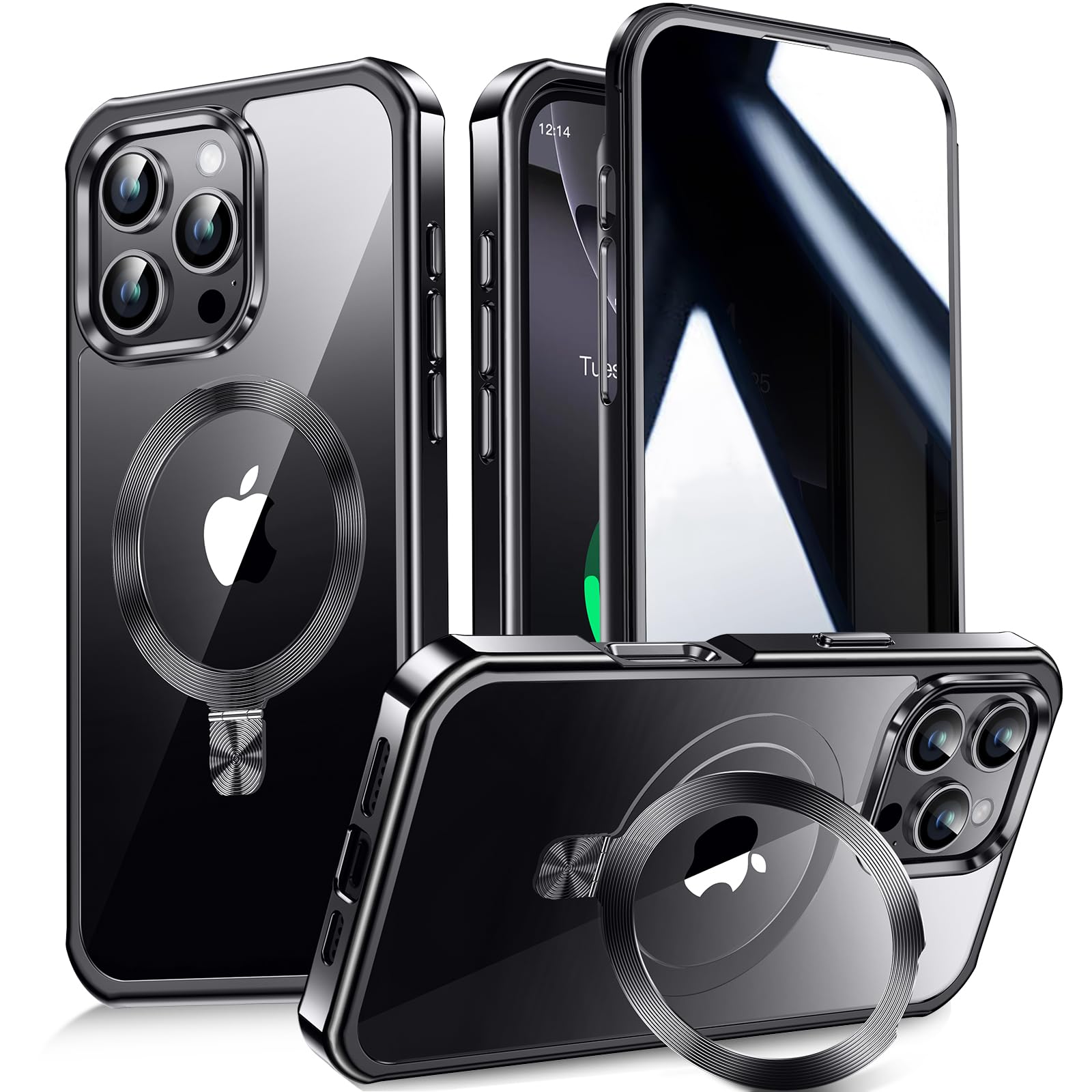 【多機能隠しスタンド・Magsafe対応+覗き見防止】WTAIYUN iPhone 16 Pro Max 用 ケース 全面保護 CDリング 縦横両対応 ワイヤレス 充電対応 米軍MIL規格 耐衝撃 高感度タッチ 両面 いphone16 プロマック